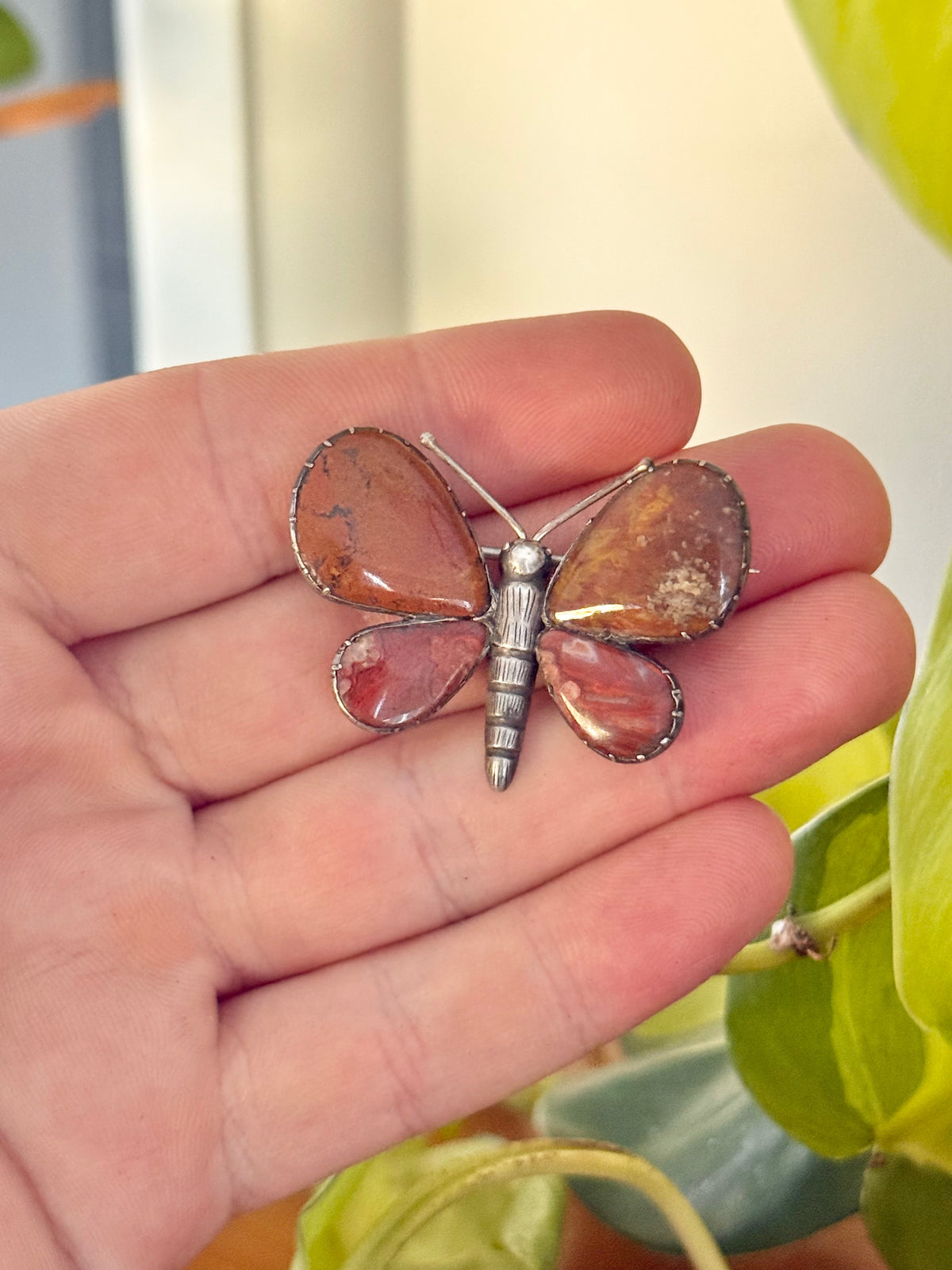 Victorian Agate Butterfly | Sterling Silver Brooch