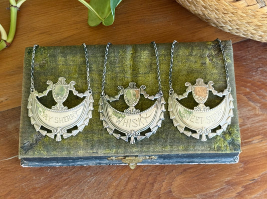 Set of engraved sterling silver bottle tags | Dry Sherry, Whiskey, Sweet Sherry