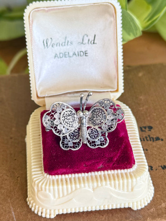 800 Silver Filigree Butterfly Brooch | Circa Mid-20th Century