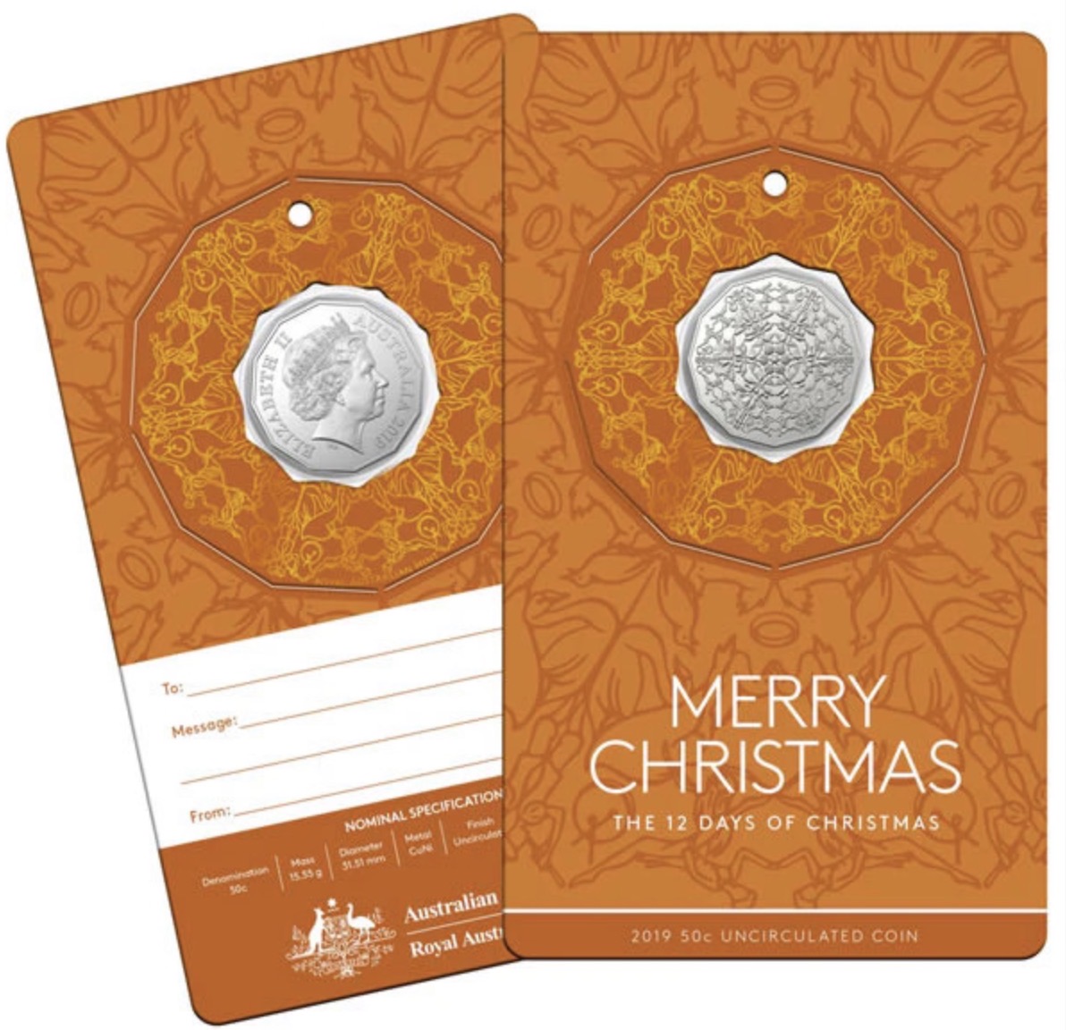 2019 Royal Australian Mint 12 Days of Christmas 5 Coin 50 Cent Set