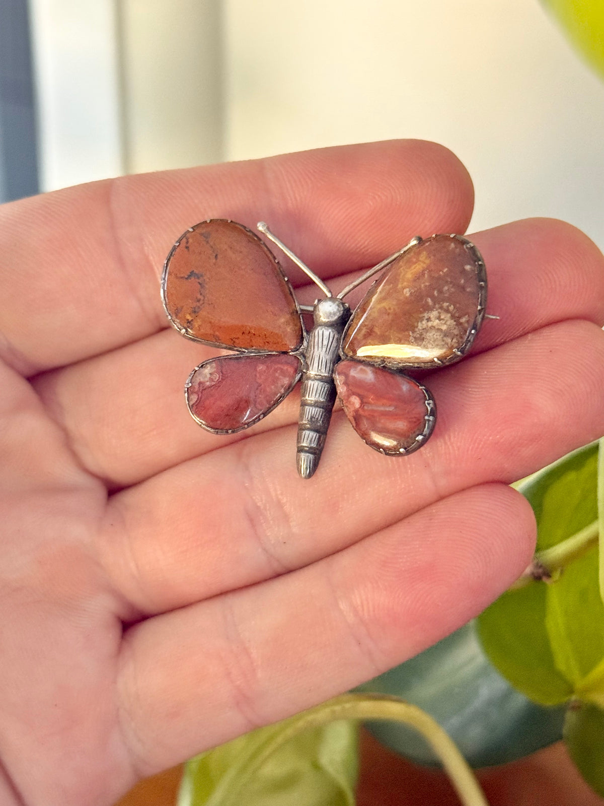 Victorian Agate Butterfly | Sterling Silver Brooch