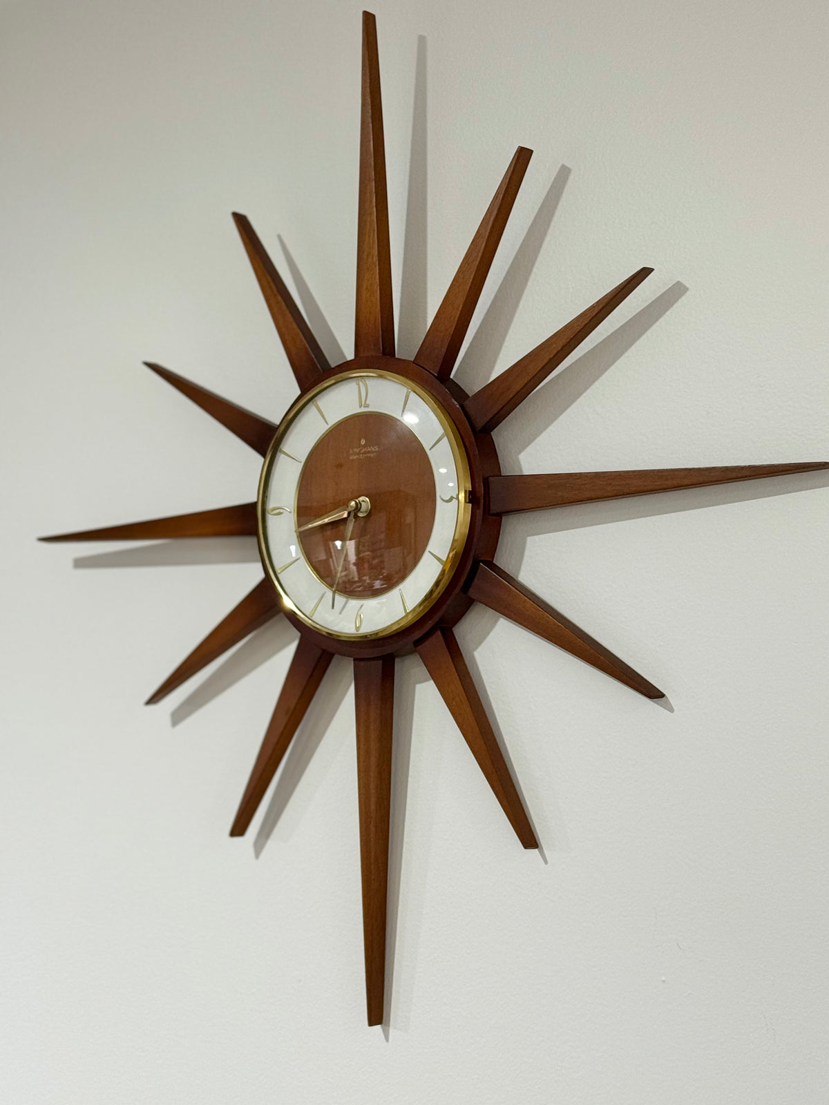 Junghans Mid-Century Starburst Wall Clock | 65cm Teak & Brass, Quartz Movement