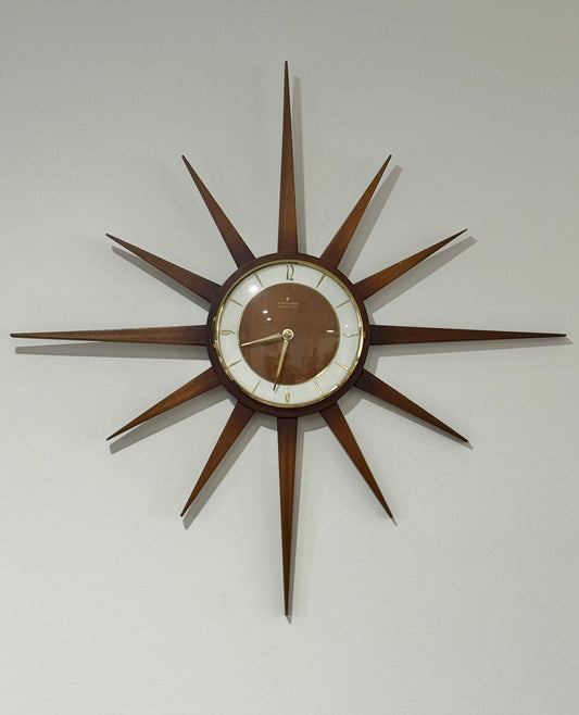 Junghans Mid-Century Starburst Wall Clock | 65cm Teak & Brass, Quartz Movement
