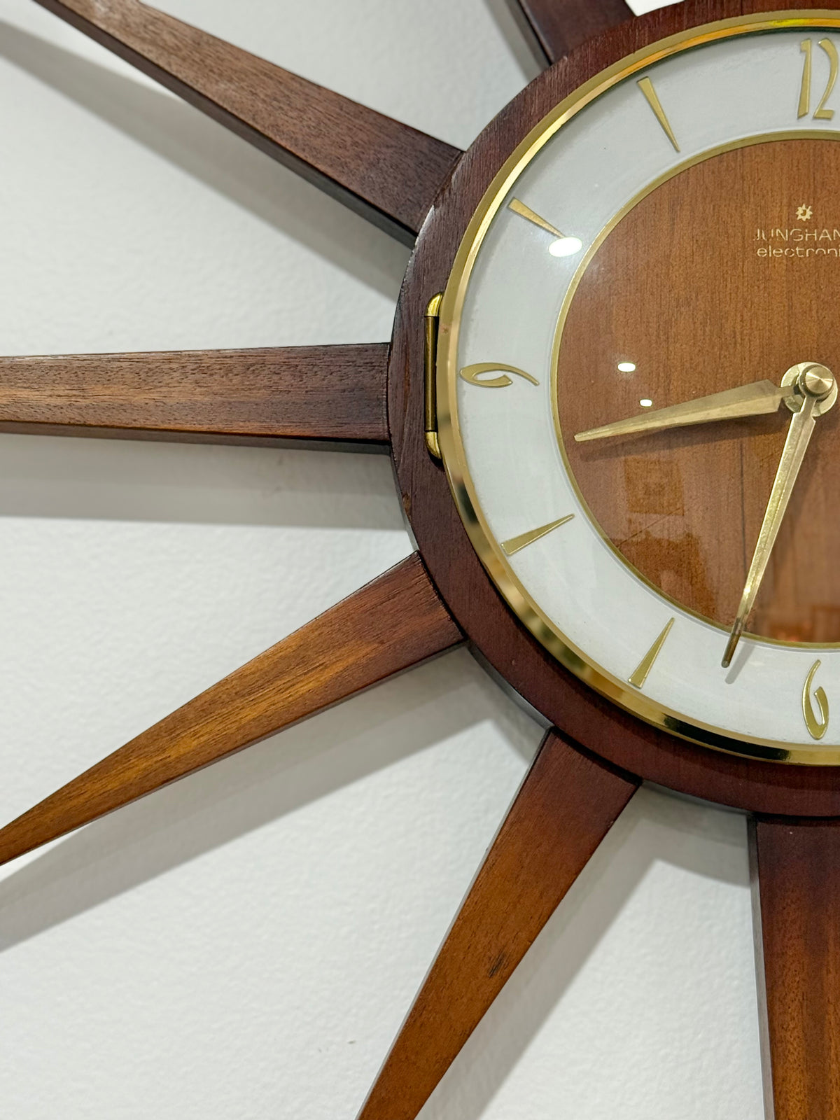 Junghans Mid-Century Starburst Wall Clock | 65cm Teak & Brass, Quartz Movement