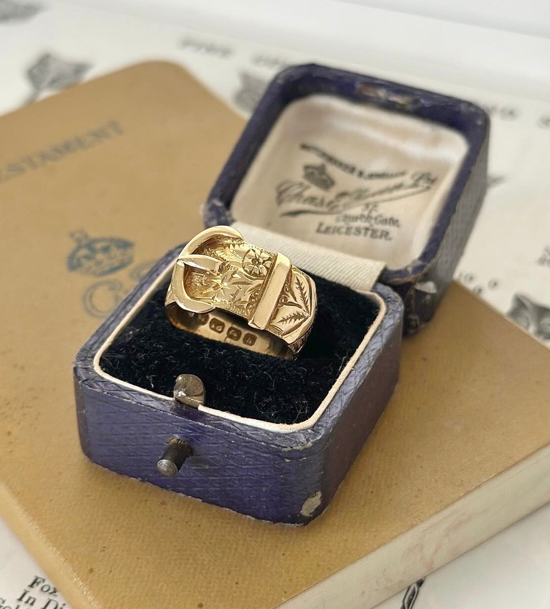 18ct Solid Buckle Ring | Antique, Hand Engraved