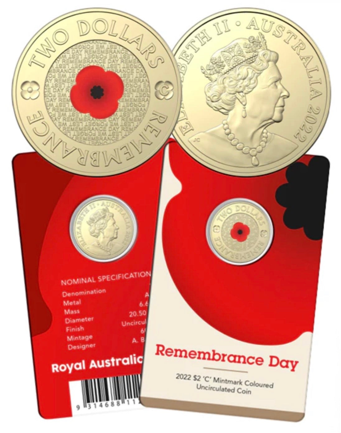 2022 Red Poppy Remembrance Day 'C' Mintmark $2 Coin on Card | Royal Australian Mint