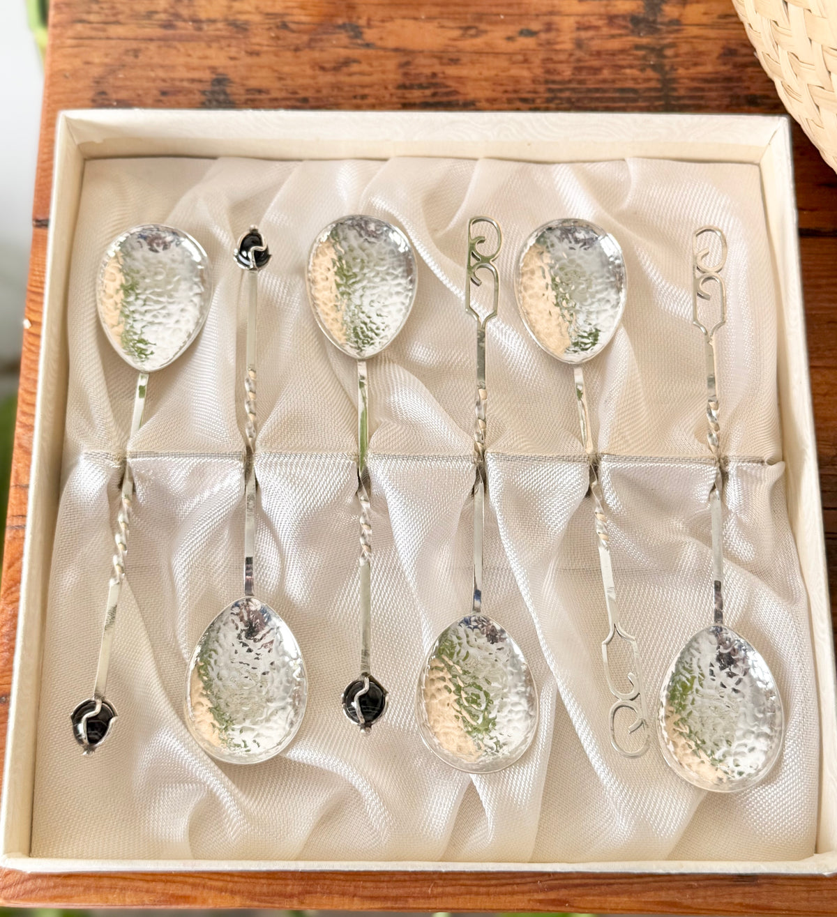 Sterling Silver Sargisons Teaspoon Set | 3 with Glass Finials, 3 with Patterned Handles – Tasmania