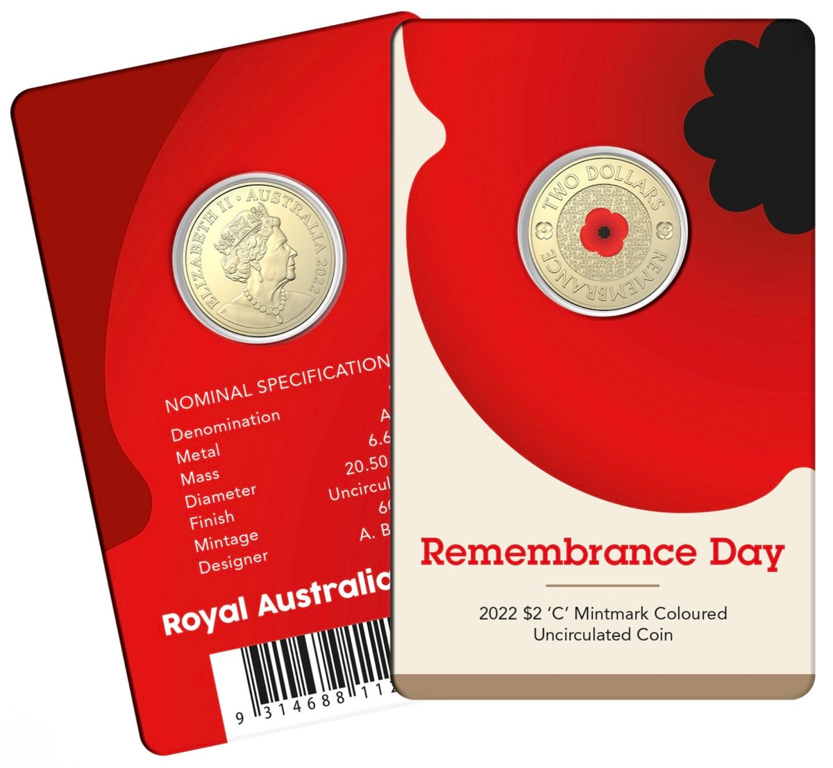 2022 Red Poppy Remembrance Day 'C' Mintmark $2 Coin on Card | Royal Australian Mint