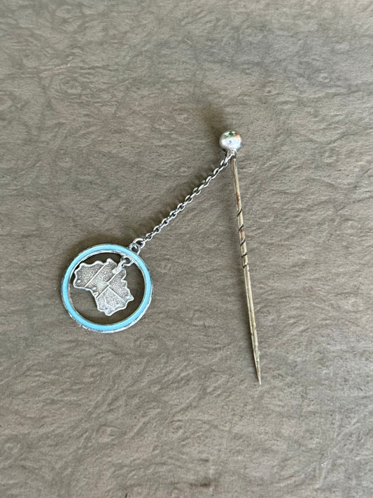 Antique Sterling Silver Australia Map Suspended Charm Pin with Blue Guilloché Enamel