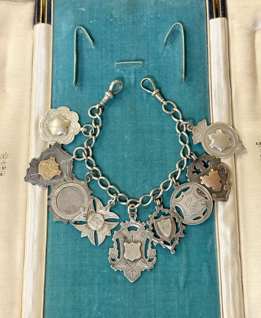 Sterling Silver Bracelet Featuring 9 Antique Hallmarked Fob Medals | Circa 1890 - 1920
