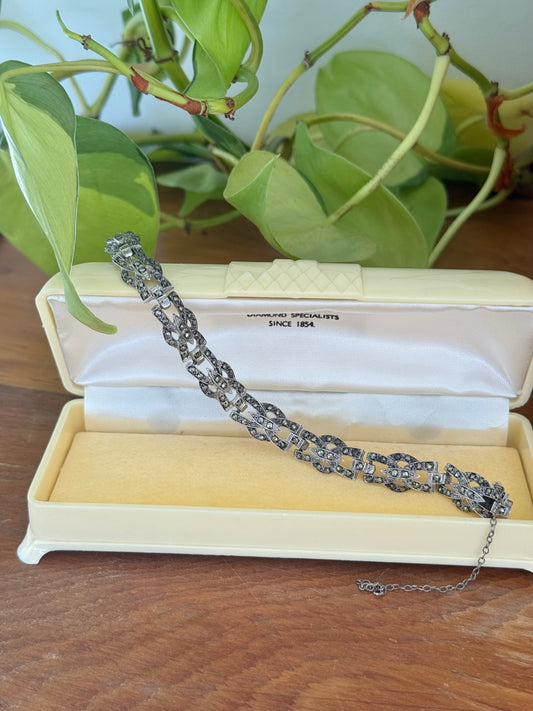 Australian Made Sterling Silver Marcasite Bracelet | Safety Chain | Stamped Links | Circa 1950s | 18cm