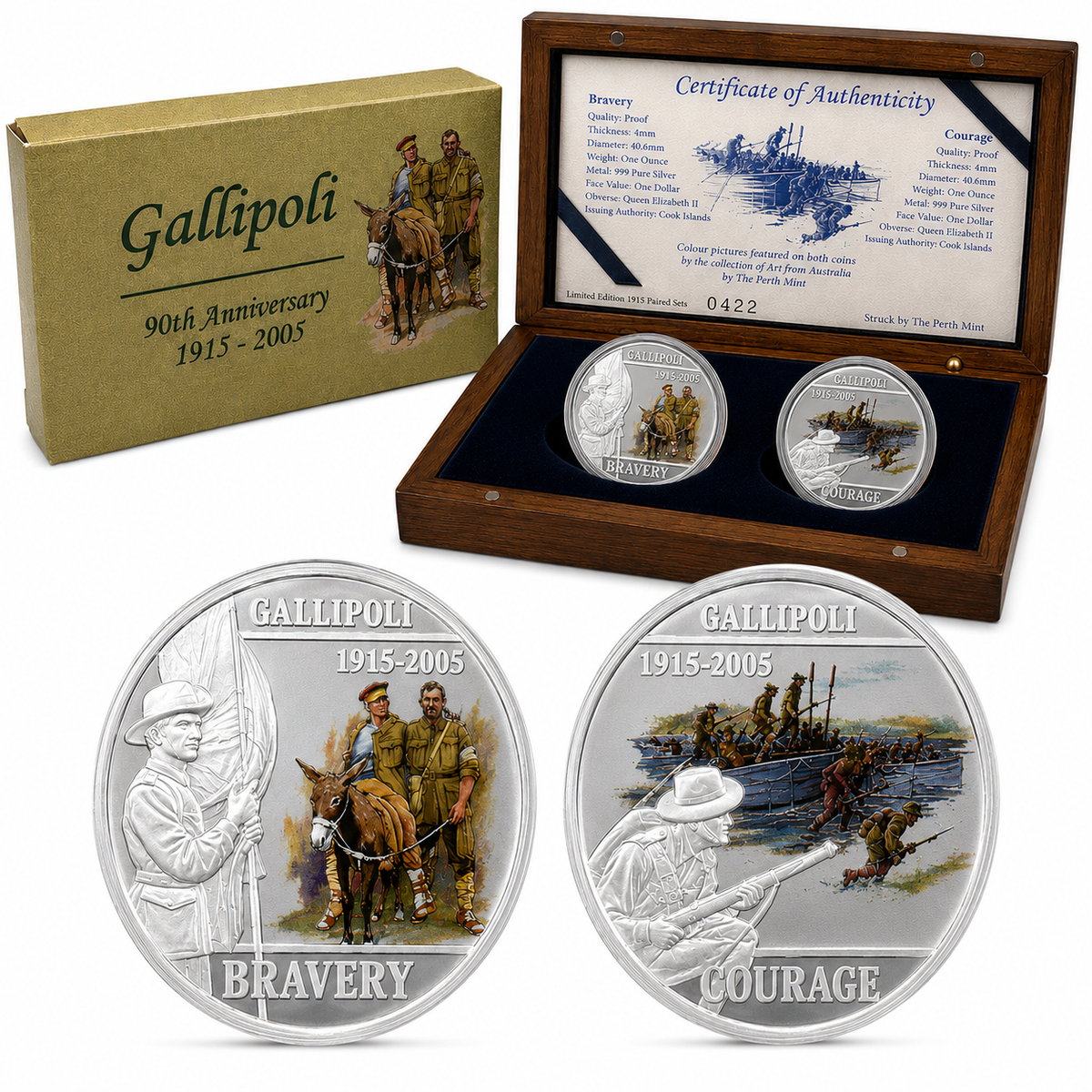 Australia 2005 Perth Mint $1 Gallipoli 90th Anniversary 2 x 1oz Silver Proof Coin Set