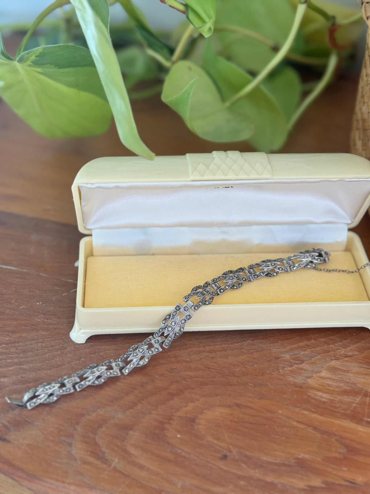 Australian Made Sterling Silver Marcasite Bracelet | Safety Chain | Stamped Links | Circa 1950s | 18cm