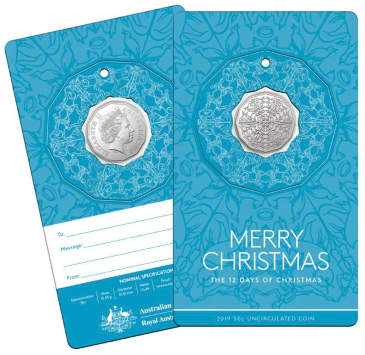2019 Royal Australian Mint 12 Days of Christmas 5 Coin 50 Cent Set