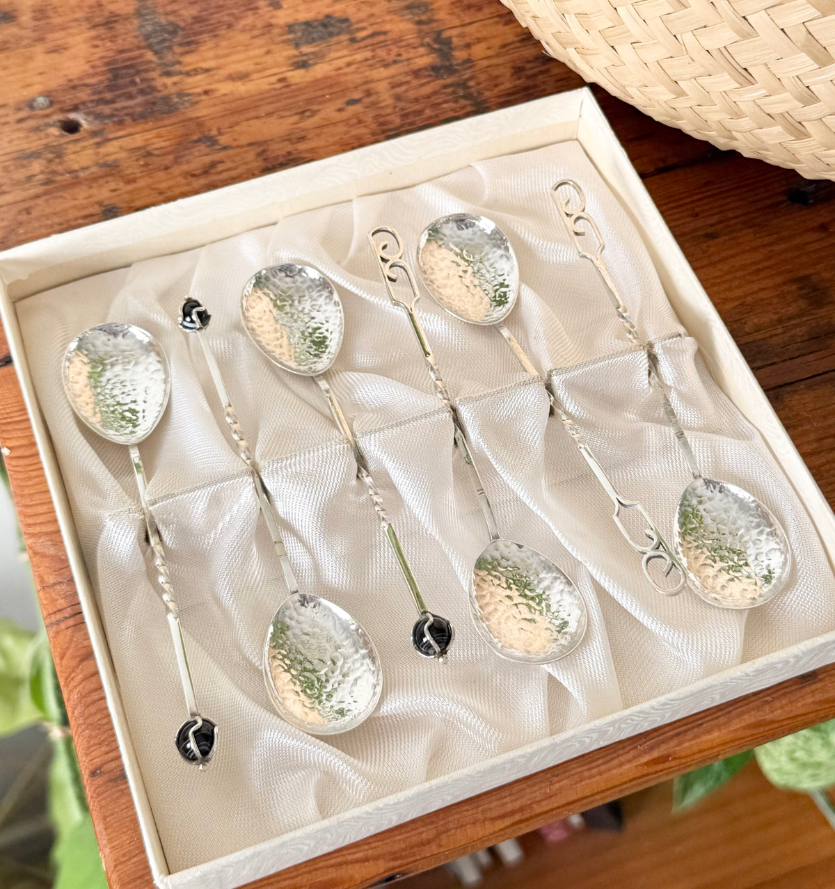 Sterling Silver Sargisons Teaspoon Set | 3 with Glass Finials, 3 with Patterned Handles – Tasmania